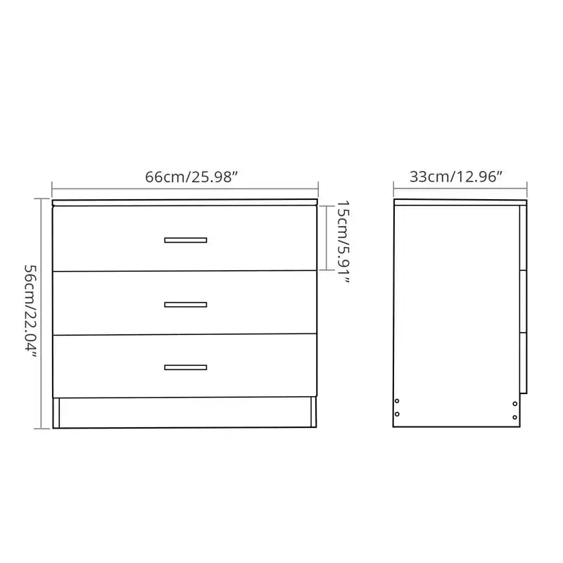 Commode noire à 3 tiroirs en panneaux de particules, 25,98 po de largeur