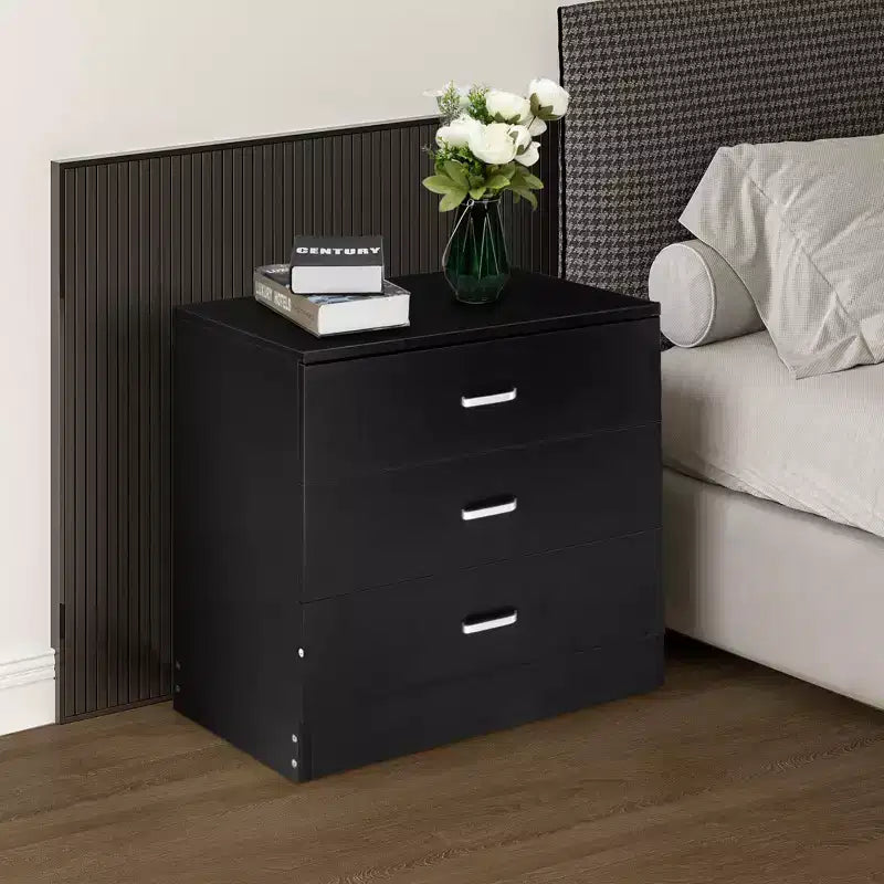 Commode noire à 3 tiroirs en panneaux de particules, 25,98 po de largeur
