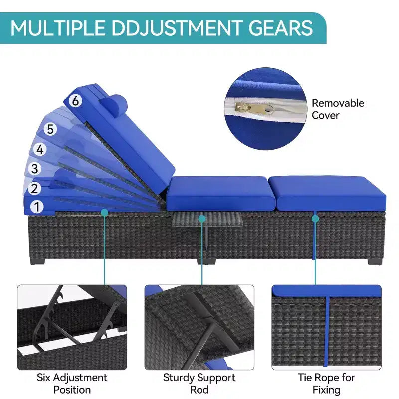 Chaise longue de patio, transats d'extérieur en osier réglables 5 positions avec table d'appoint pour piscine, terrasse