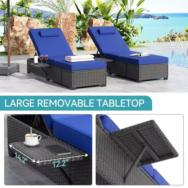 Chaise longue de patio, transats d'extérieur en osier réglables 5 positions avec table d'appoint pour piscine, terrasse