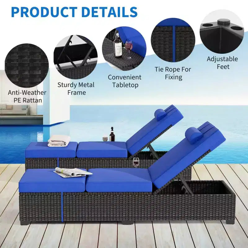 Chaise longue de patio, transats d'extérieur en osier réglables 5 positions avec table d'appoint pour piscine, terrasse