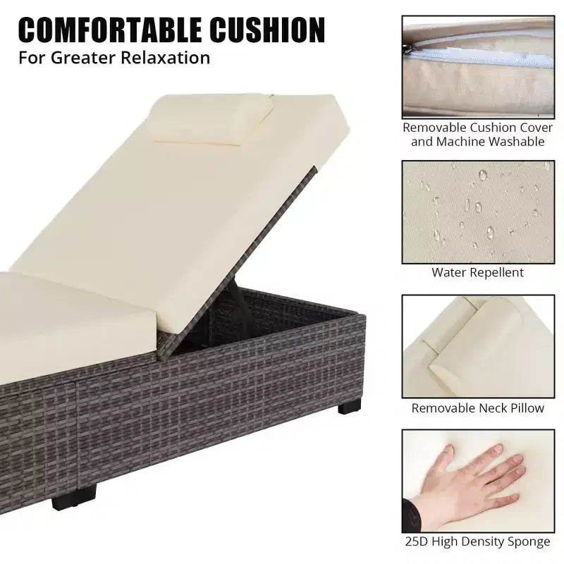 Chaise longue de patio, transats d'extérieur en osier réglables 5 positions avec table d'appoint pour piscine, terrasse