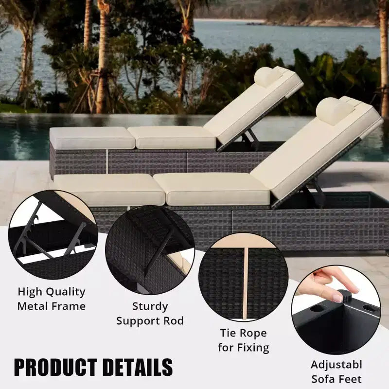 Chaise longue de patio, transats d'extérieur en osier réglables 5 positions avec table d'appoint pour piscine, terrasse
