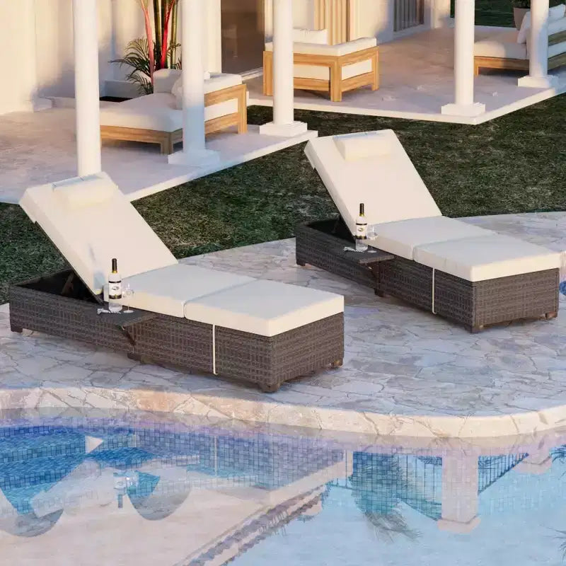 Chaise longue de patio, transats d'extérieur en osier réglables 5 positions avec table d'appoint pour piscine, terrasse