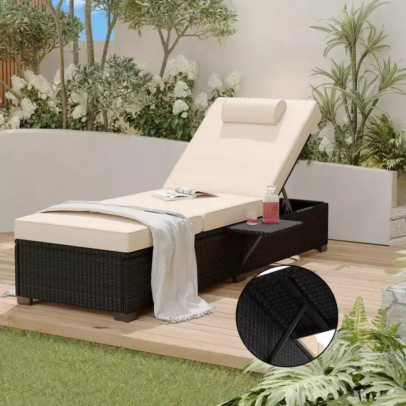 Chaise longue de patio, transats d'extérieur en osier réglables 5 positions avec table d'appoint pour piscine, terrasse