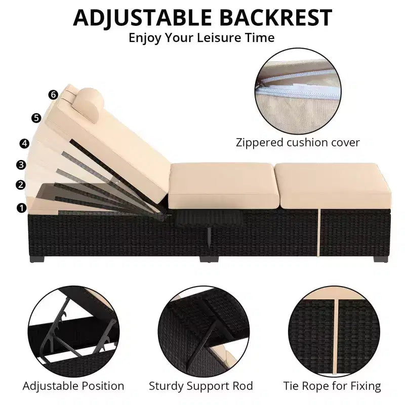 Chaise longue de patio, transats d'extérieur en osier réglables 5 positions avec table d'appoint pour piscine, terrasse