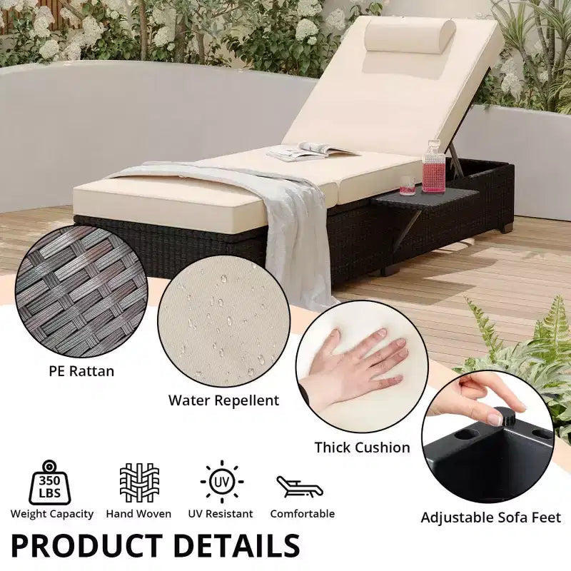 Chaise longue de patio, transats d'extérieur en osier réglables 5 positions avec table d'appoint pour piscine, terrasse