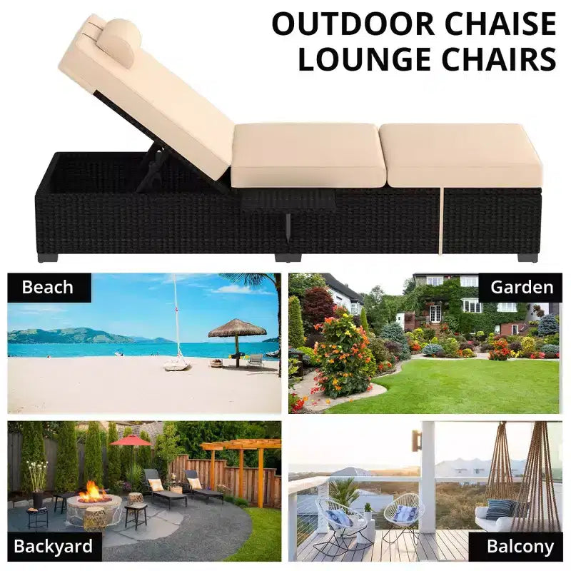 Chaise longue de patio, transats d'extérieur en osier réglables 5 positions avec table d'appoint pour piscine, terrasse