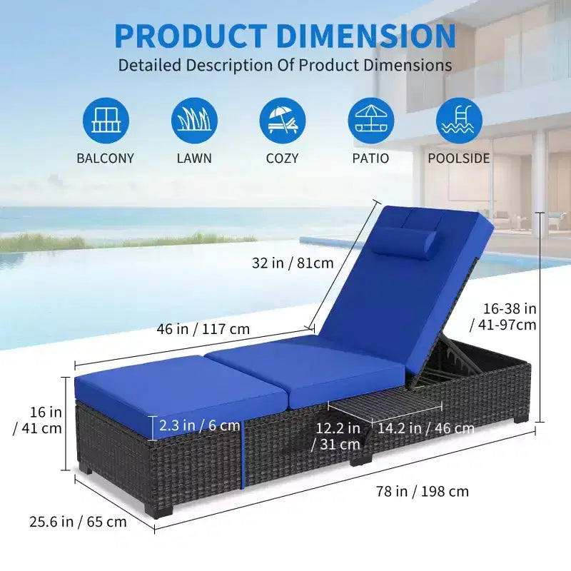 Chaise longue de patio, transats d'extérieur en osier réglables 5 positions avec table d'appoint pour piscine, terrasse