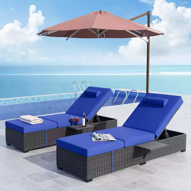 Chaise longue de patio, transats d'extérieur en osier réglables 5 positions avec table d'appoint pour piscine, terrasse