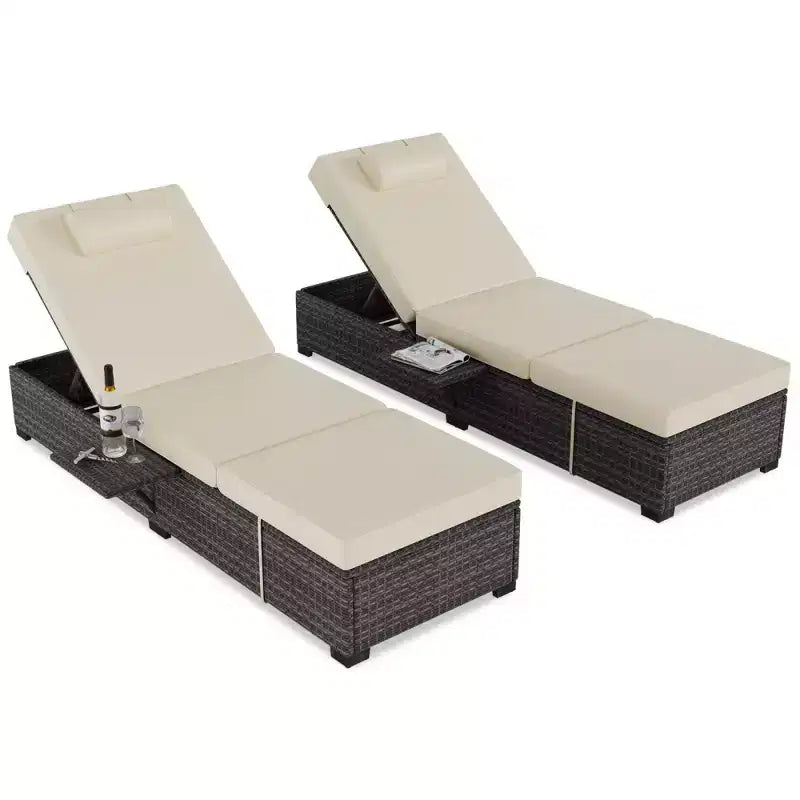 Chaise longue de patio, transats d'extérieur en osier réglables 5 positions avec table d'appoint pour piscine, terrasse