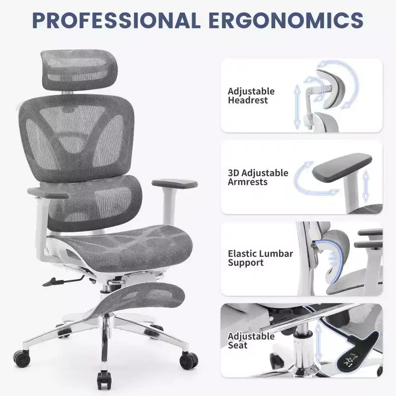 Fauteuil de bureau ergonomique en maille avec accoudoirs 3D réglables, chaise d'ordinateur de bureau à dossier haut, roulettes escamotables, fauteuil pivotant confortable