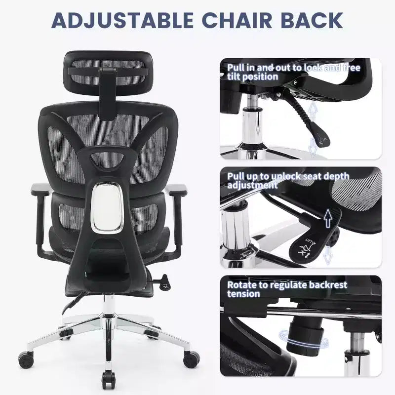 Fauteuil de bureau ergonomique en maille avec accoudoirs 3D réglables, chaise d'ordinateur de bureau à dossier haut, roulettes escamotables, fauteuil pivotant confortable