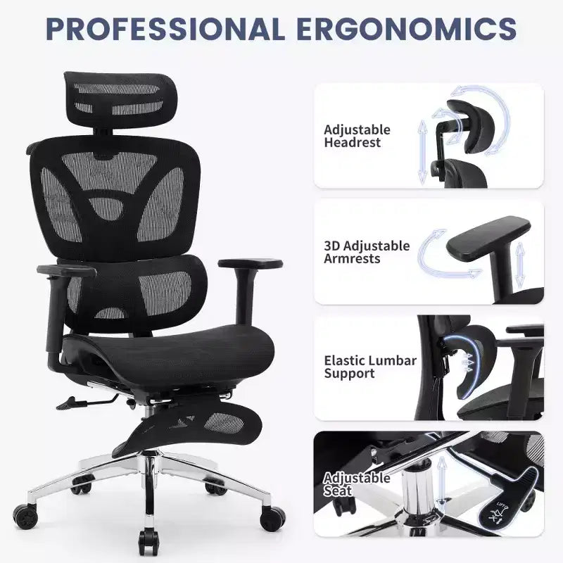 Fauteuil de bureau ergonomique en maille avec accoudoirs 3D réglables, chaise d'ordinateur de bureau à dossier haut, roulettes escamotables, fauteuil pivotant confortable