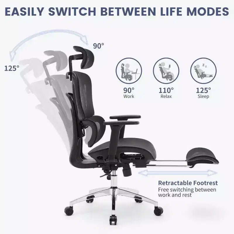 Fauteuil de bureau ergonomique en maille avec accoudoirs 3D réglables, chaise d'ordinateur de bureau à dossier haut, roulettes escamotables, fauteuil pivotant confortable