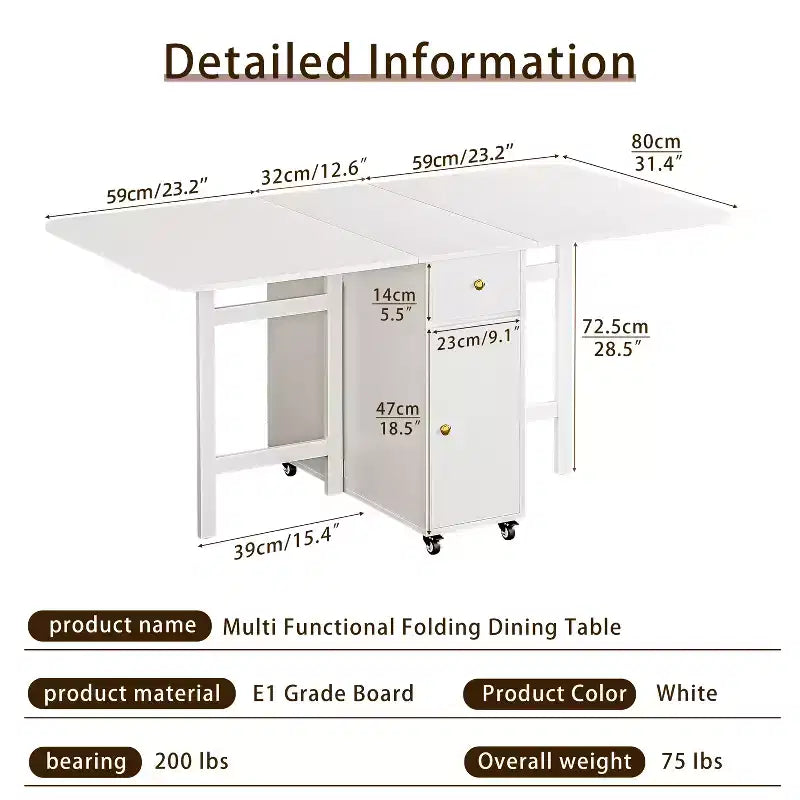 Table pliante de 150 cm, aucun assemblage requis, table à manger extensible rectangulaire en bois avec roulettes et rangement
