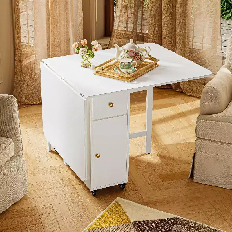 Table pliante de 150 cm, aucun assemblage requis, table à manger extensible rectangulaire en bois avec roulettes et rangement