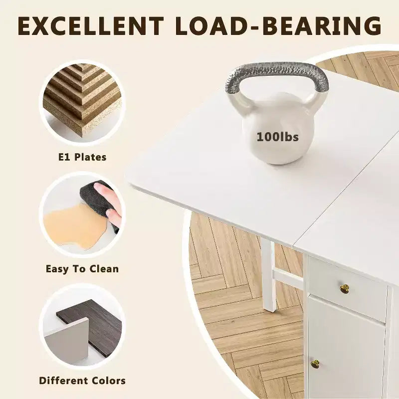 Table pliante de 150 cm, aucun assemblage requis, table à manger extensible rectangulaire en bois avec roulettes et rangement