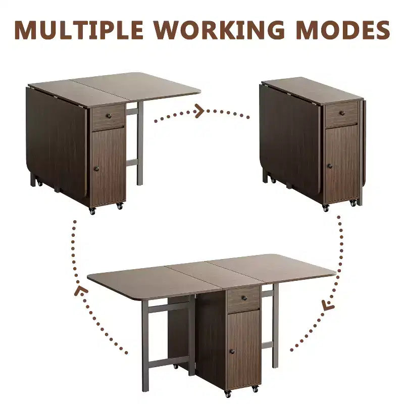 Table pliante de 150 cm, aucun assemblage requis, table à manger extensible rectangulaire en bois avec roulettes et rangement
