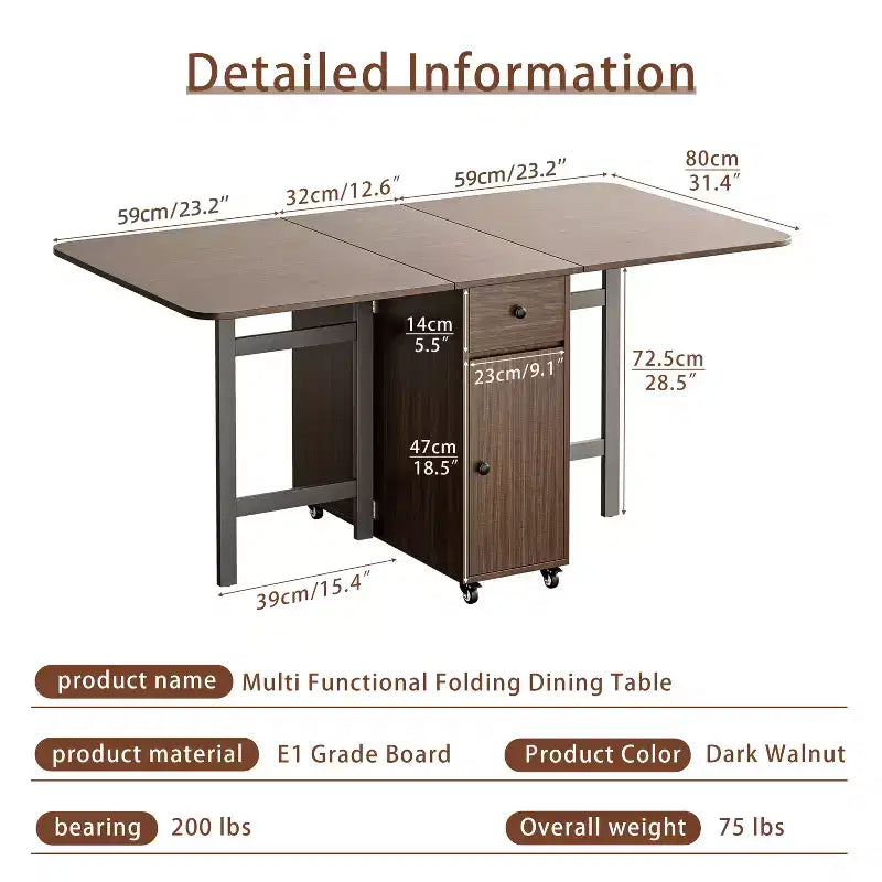 Table pliante de 150 cm, aucun assemblage requis, table à manger extensible rectangulaire en bois avec roulettes et rangement