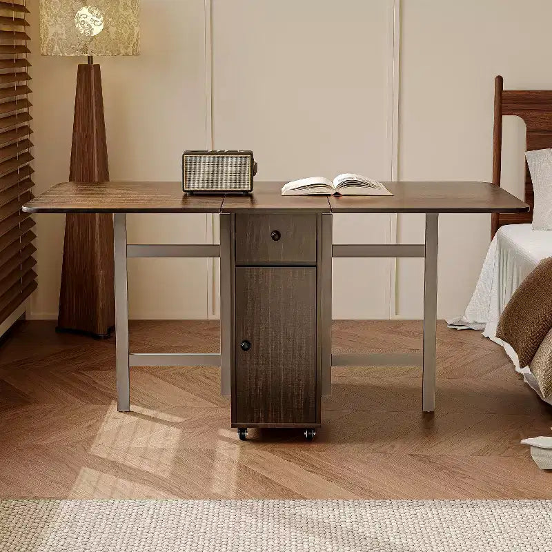 Table pliante de 150 cm, aucun assemblage requis, table à manger extensible rectangulaire en bois avec roulettes et rangement