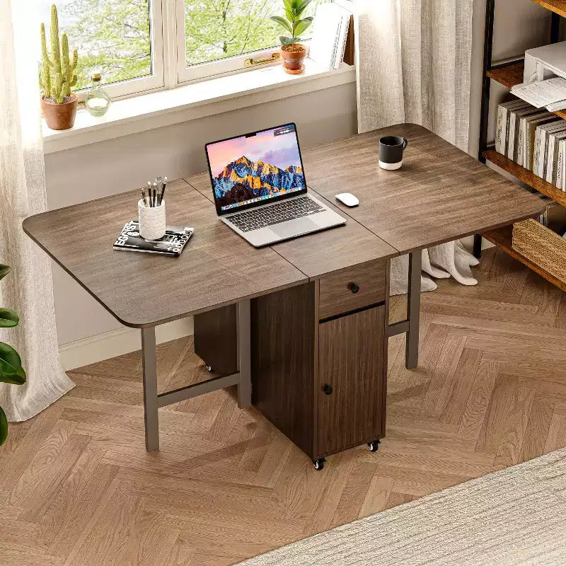 Table pliante de 150 cm, aucun assemblage requis, table à manger extensible rectangulaire en bois avec roulettes et rangement