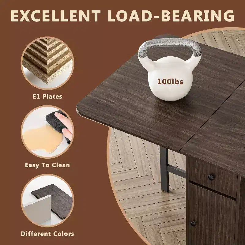 Table pliante de 150 cm, aucun assemblage requis, table à manger extensible rectangulaire en bois avec roulettes et rangement