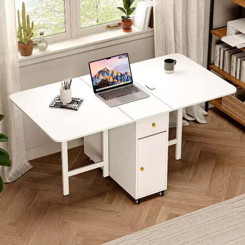 Table pliante de 150 cm, aucun assemblage requis, table à manger extensible rectangulaire en bois avec roulettes et rangement