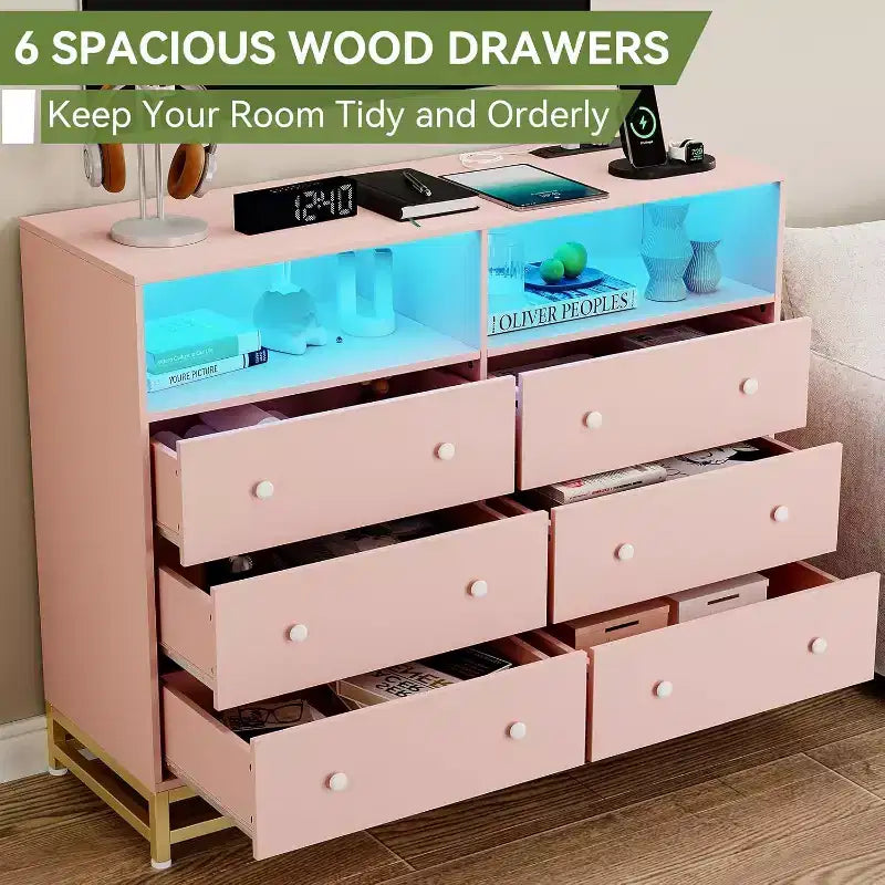 Commode large en bois à 6 tiroirs avec hub USB intégré et lumière LED, coffre de rangement à cadre en acier pour salon, chambre à coucher, entrée