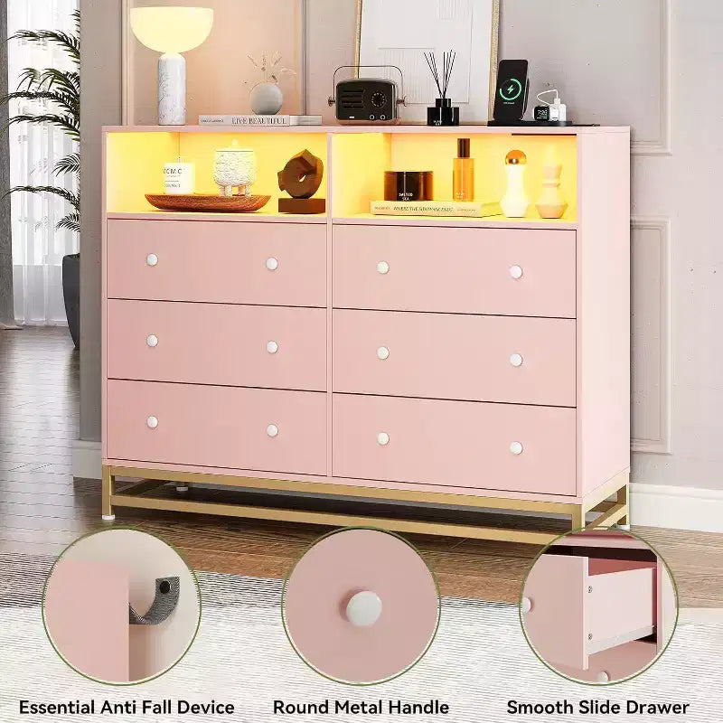 Commode large en bois à 6 tiroirs avec hub USB intégré et lumière LED, coffre de rangement à cadre en acier pour salon, chambre à coucher, entrée
