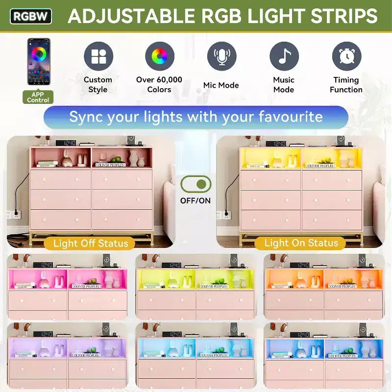 Commode large en bois à 6 tiroirs avec hub USB intégré et lumière LED, coffre de rangement à cadre en acier pour salon, chambre à coucher, entrée