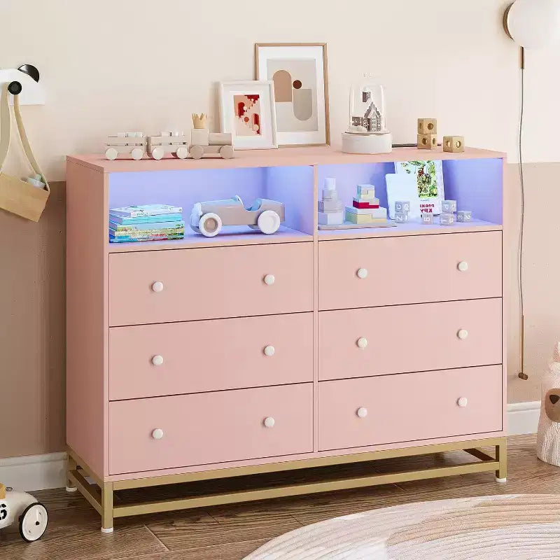 Commode large en bois à 6 tiroirs avec hub USB intégré et lumière LED, coffre de rangement à cadre en acier pour salon, chambre à coucher, entrée