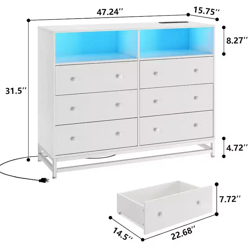 Commode large en bois à 6 tiroirs avec hub USB intégré et lumière LED, coffre de rangement à cadre en acier pour salon, chambre à coucher, entrée