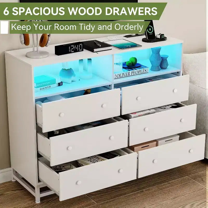Commode large en bois à 6 tiroirs avec hub USB intégré et lumière LED, coffre de rangement à cadre en acier pour salon, chambre à coucher, entrée