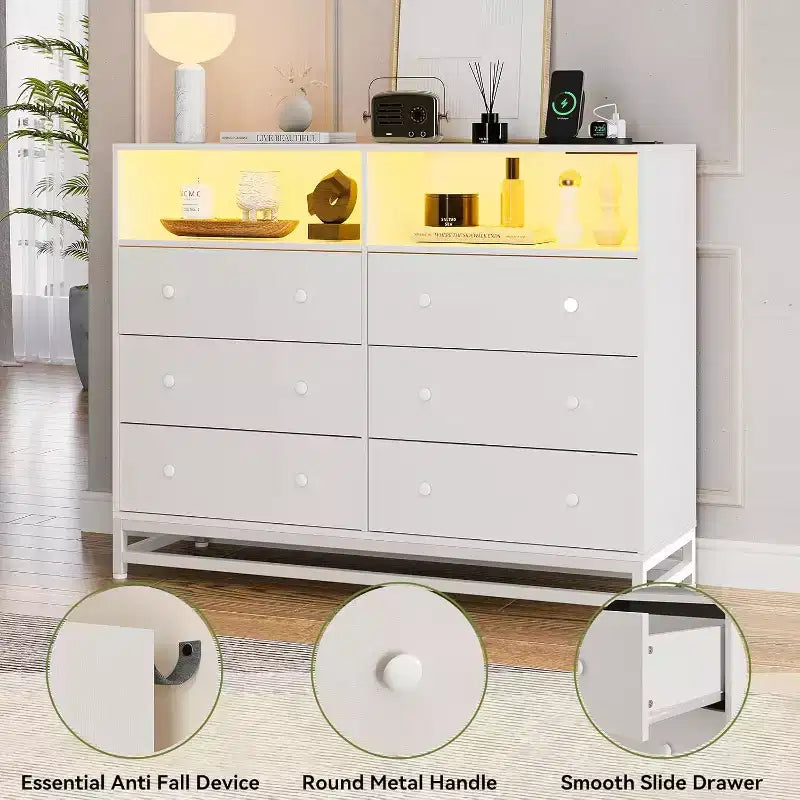 Commode large en bois à 6 tiroirs avec hub USB intégré et lumière LED, coffre de rangement à cadre en acier pour salon, chambre à coucher, entrée