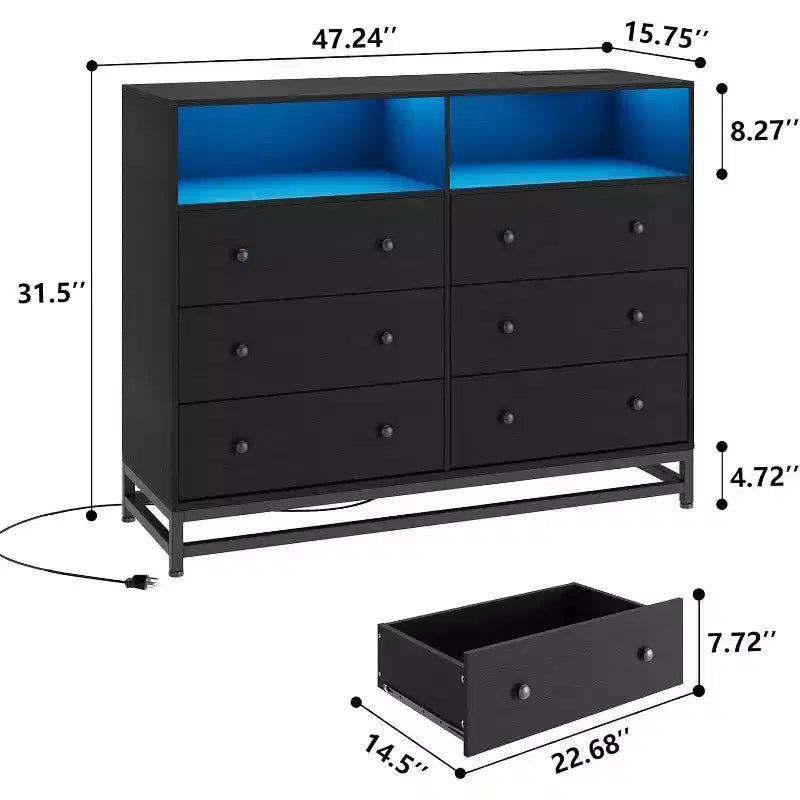 Commode large en bois à 6 tiroirs avec hub USB intégré et lumière LED, coffre de rangement à cadre en acier pour salon, chambre à coucher, entrée