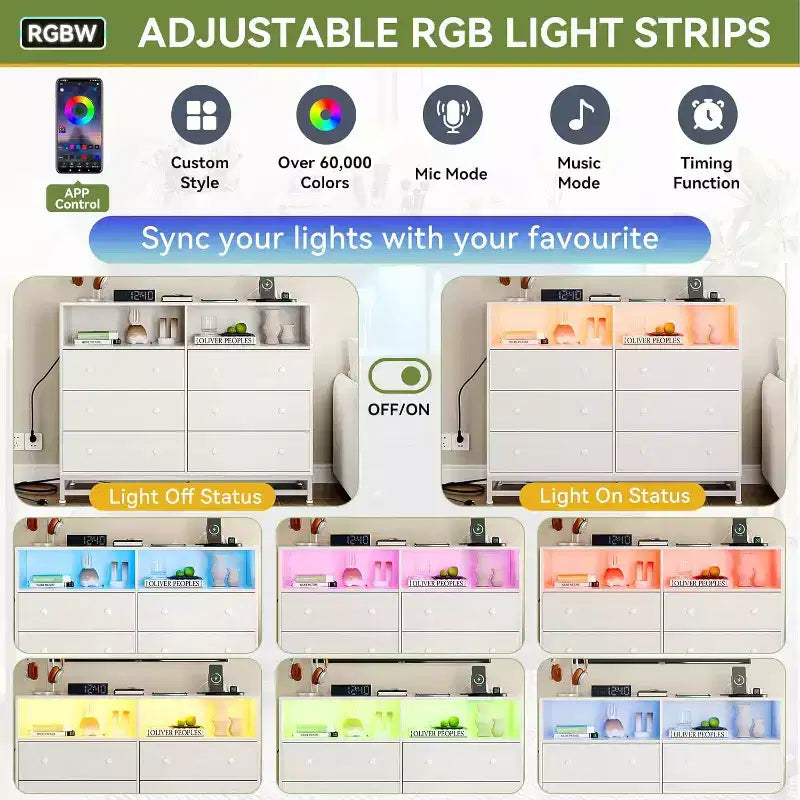Commode large en bois à 6 tiroirs avec hub USB intégré et lumière LED, coffre de rangement à cadre en acier pour salon, chambre à coucher, entrée