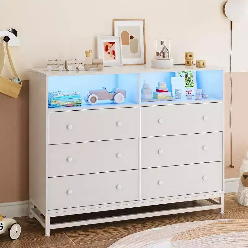 Commode large en bois à 6 tiroirs avec hub USB intégré et lumière LED, coffre de rangement à cadre en acier pour salon, chambre à coucher, entrée