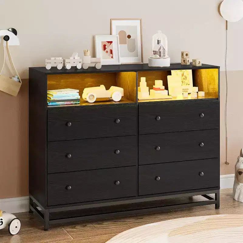 Commode large en bois à 6 tiroirs avec hub USB intégré et lumière LED, coffre de rangement à cadre en acier pour salon, chambre à coucher, entrée