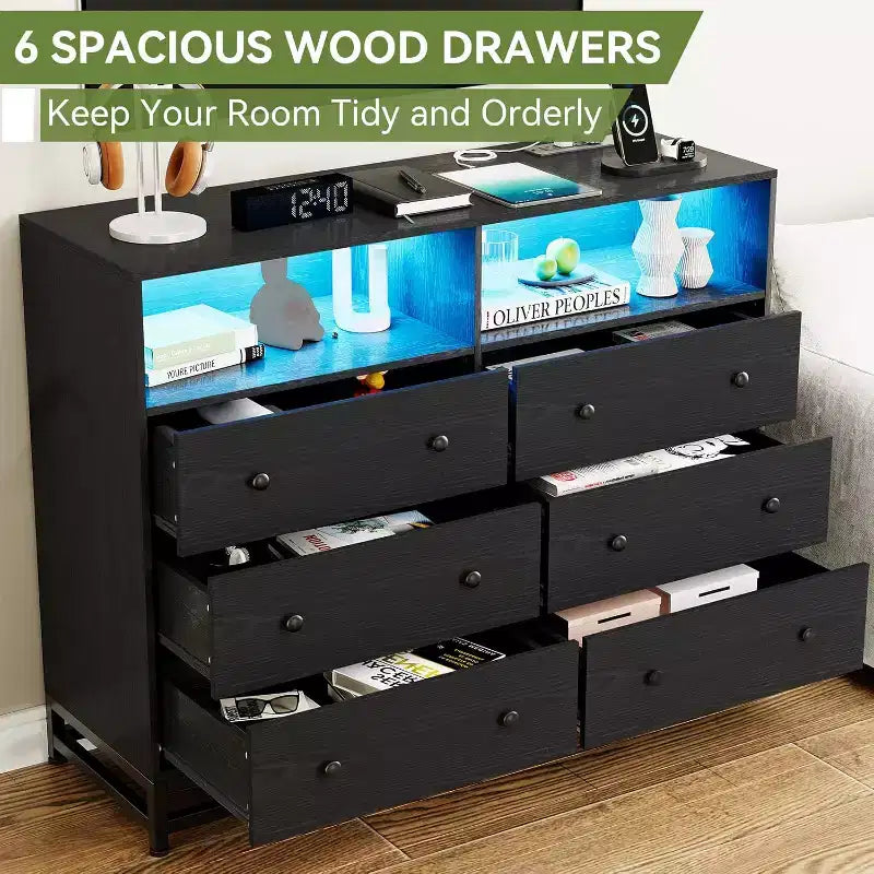 Commode large en bois à 6 tiroirs avec hub USB intégré et lumière LED, coffre de rangement à cadre en acier pour salon, chambre à coucher, entrée