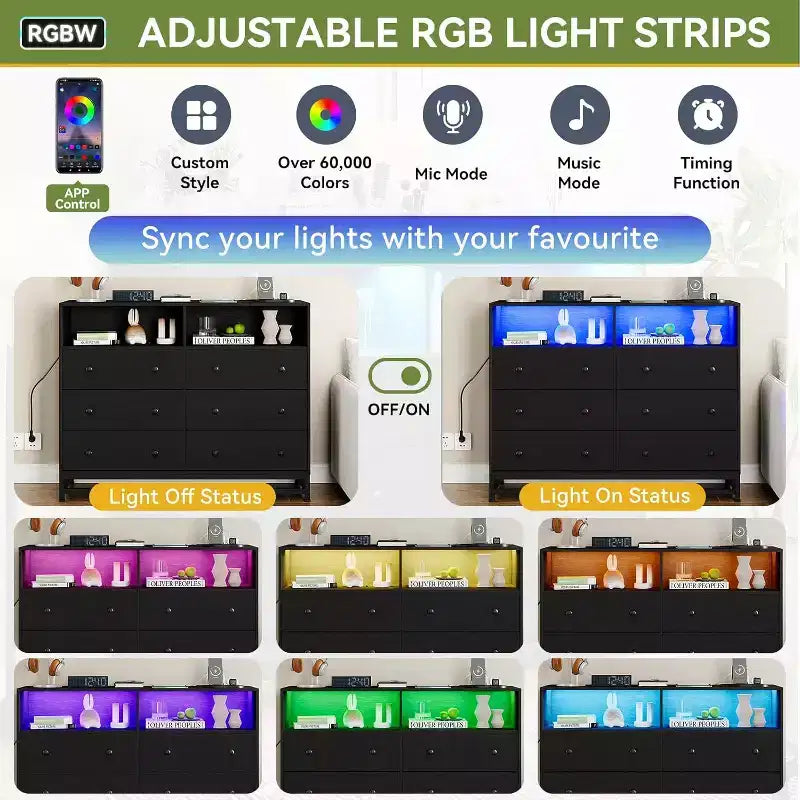 Commode large en bois à 6 tiroirs avec hub USB intégré et lumière LED, coffre de rangement à cadre en acier pour salon, chambre à coucher, entrée