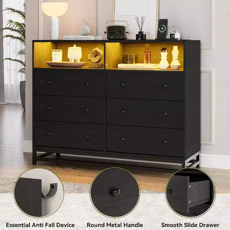 Commode large en bois à 6 tiroirs avec hub USB intégré et lumière LED, coffre de rangement à cadre en acier pour salon, chambre à coucher, entrée
