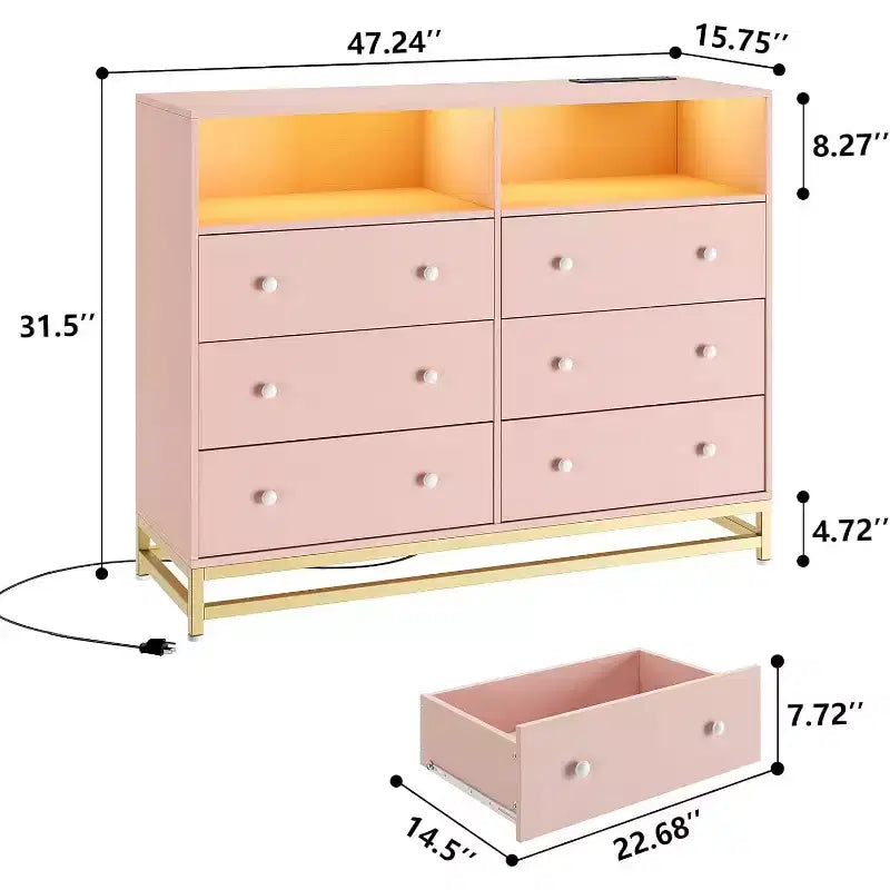 Commode large en bois à 6 tiroirs avec hub USB intégré et lumière LED, coffre de rangement à cadre en acier pour salon, chambre à coucher, entrée