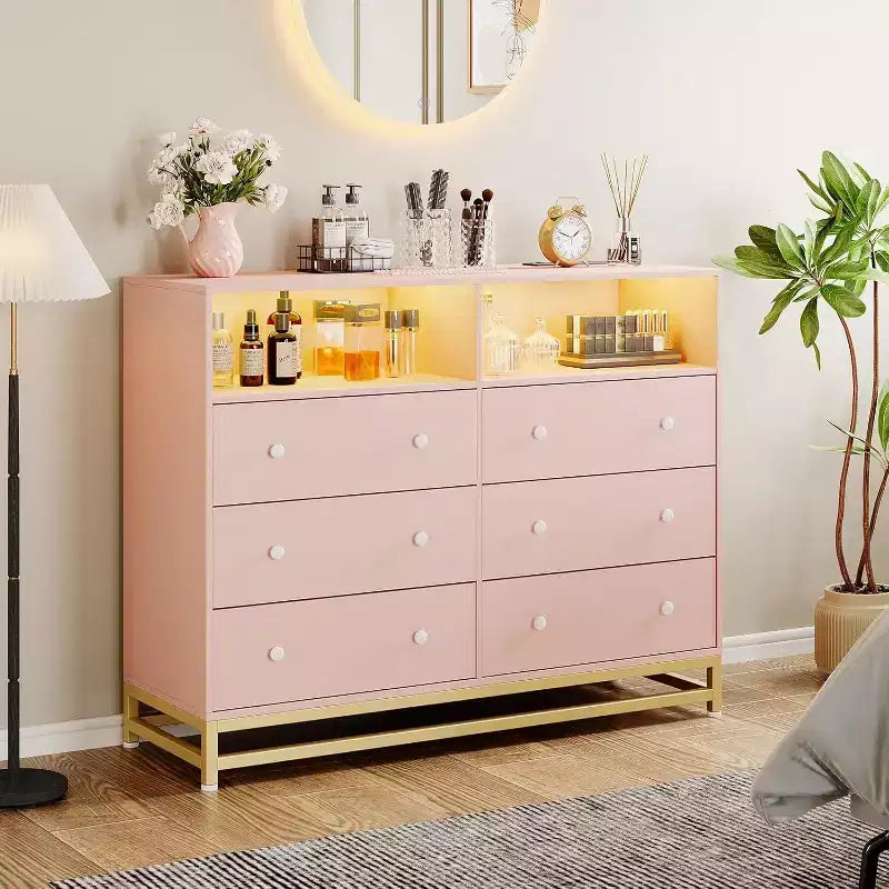 Commode large en bois à 6 tiroirs avec hub USB intégré et lumière LED, coffre de rangement à cadre en acier pour salon, chambre à coucher, entrée