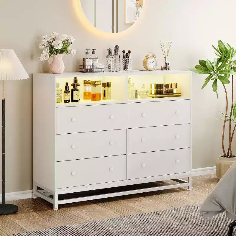Commode large en bois à 6 tiroirs avec hub USB intégré et lumière LED, coffre de rangement à cadre en acier pour salon, chambre à coucher, entrée
