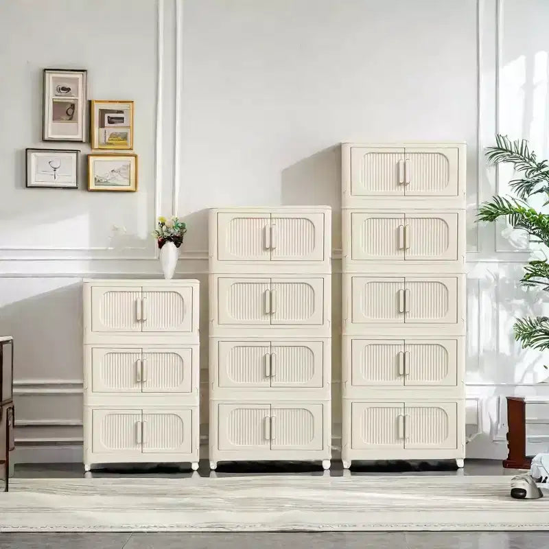 19,69 Meuble de rangement pliant à 3 niveaux en plastique avec portes magnétiques et roulettes, blanc crème, pour salon