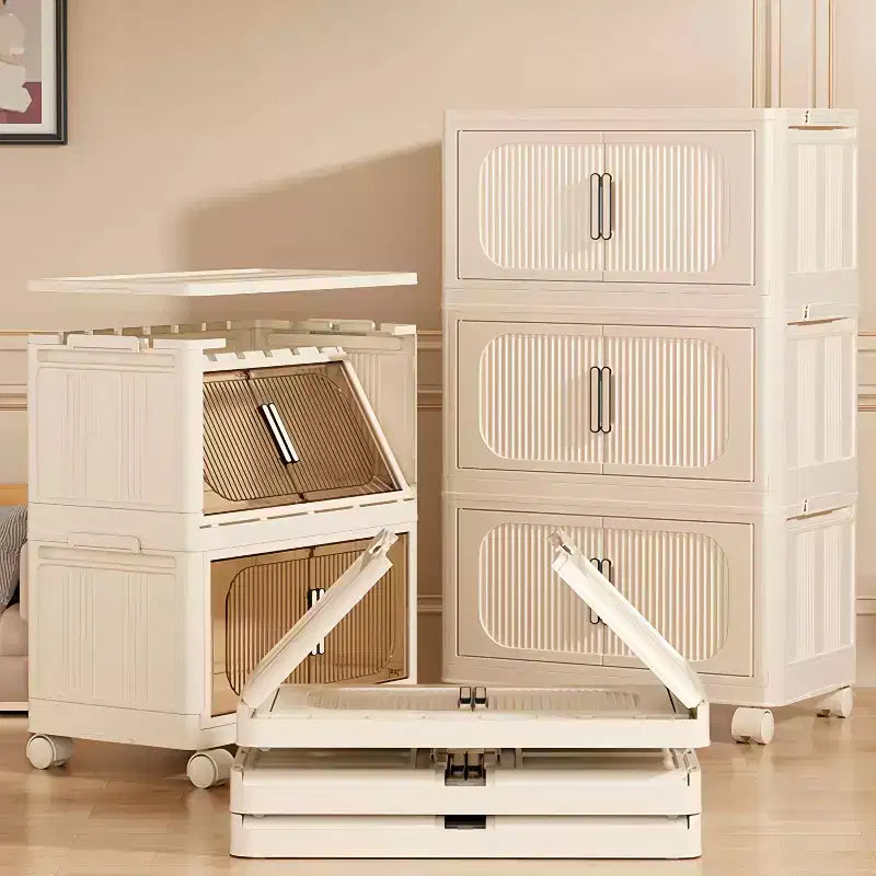 19,69 Meuble de rangement pliant à 3 niveaux en plastique avec portes magnétiques et roulettes, blanc crème, pour salon