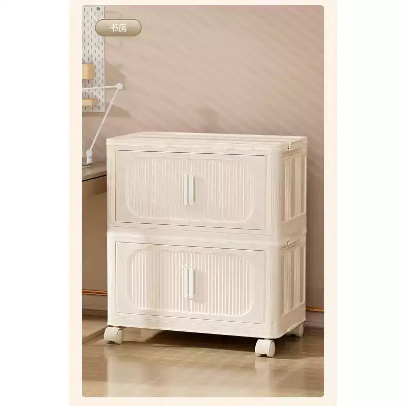 19,69 Meuble de rangement pliant à 3 niveaux en plastique avec portes magnétiques et roulettes, blanc crème, pour salon