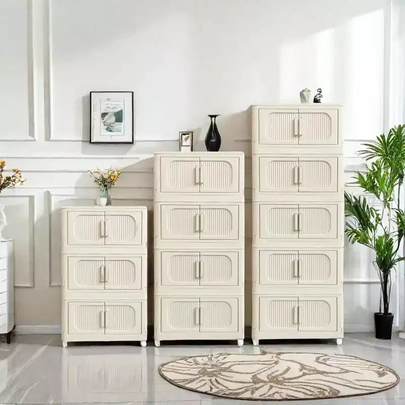 19,69 Meuble de rangement pliant à 3 niveaux en plastique avec portes magnétiques et roulettes, blanc crème, pour salon