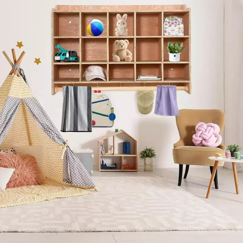 Organisateur de rangement à 15 casiers avec crochets et étagère pour jouets d'enfants